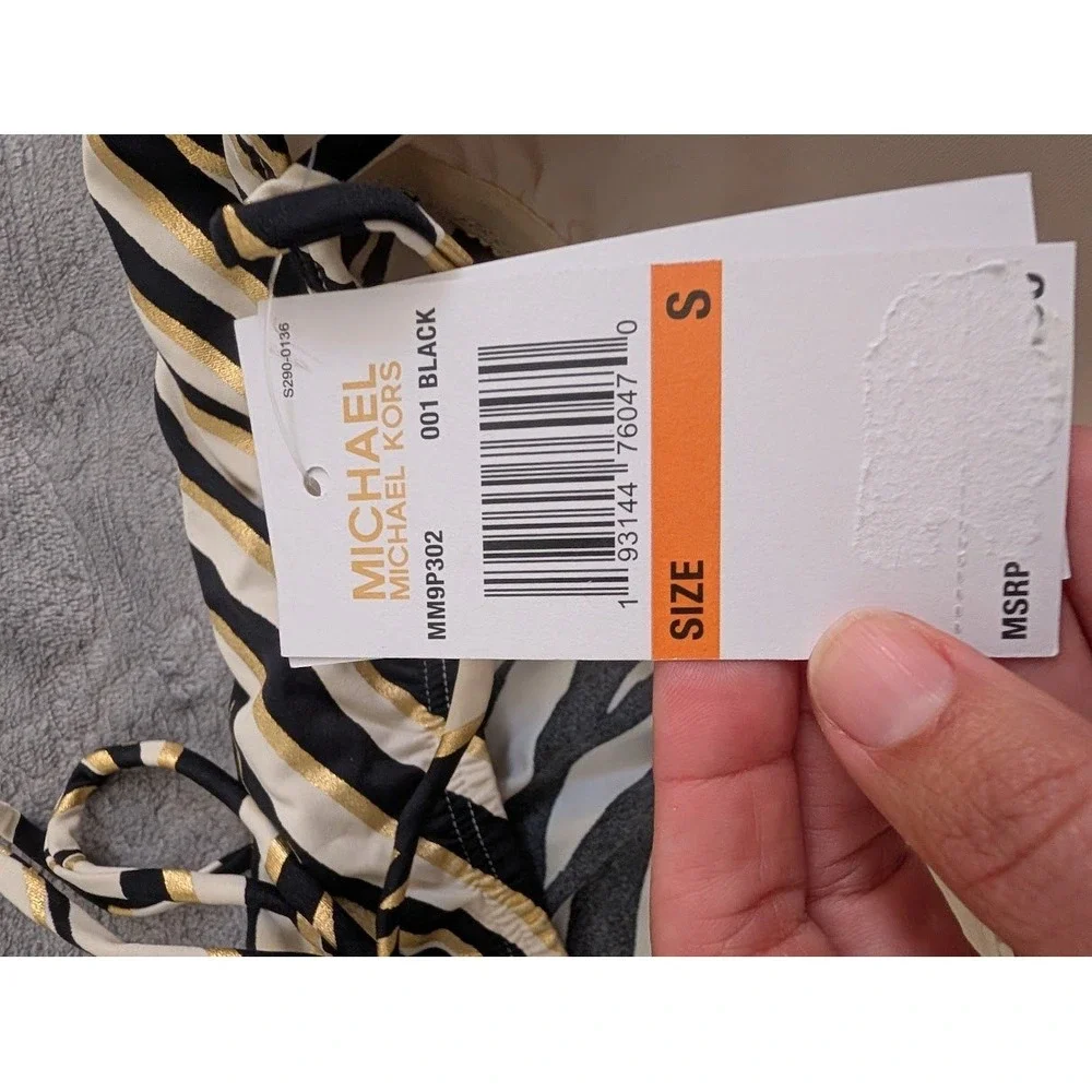 MICHAEL KORS‎ Zebra Print Halter Neck Swim Top  Black White Gold Size S NEW